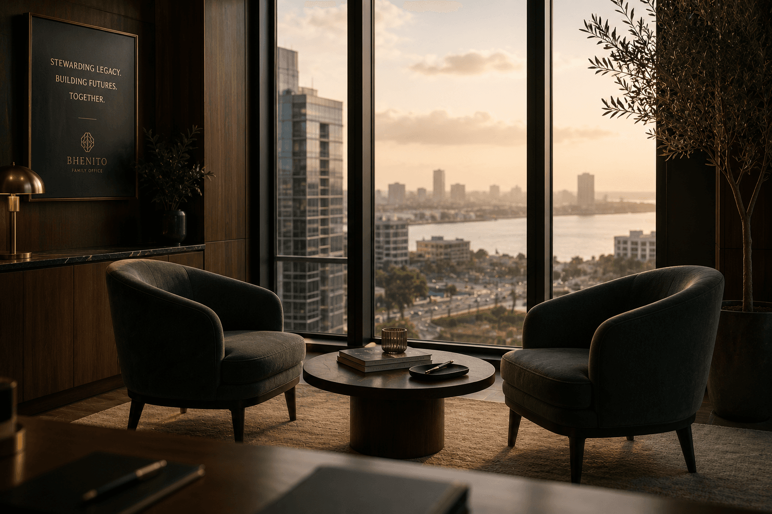 Consulting seating by a large window — invitation to conversation