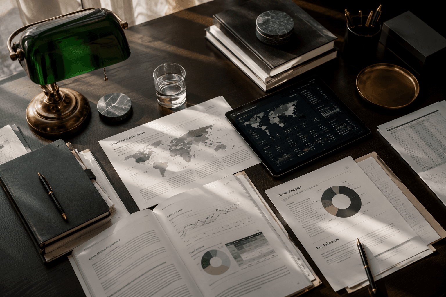 Research desk with charts and lamp — investment intelligence