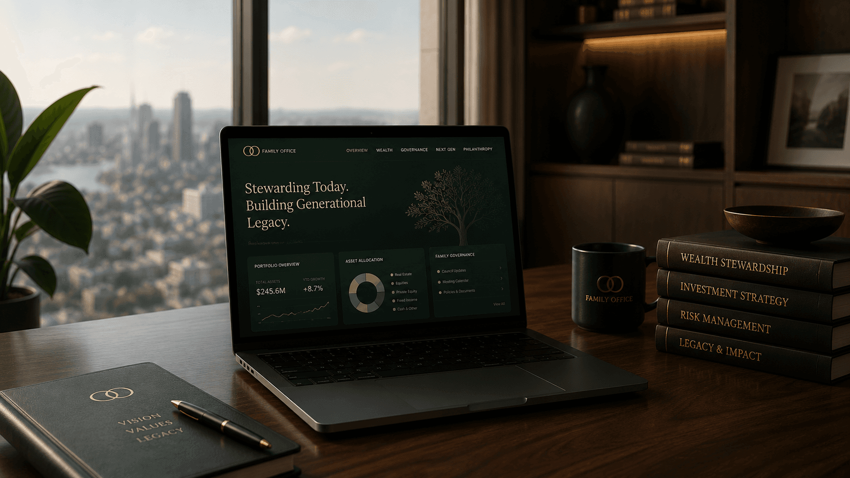 Minimal premium laptop on dark wood — digital client platform
