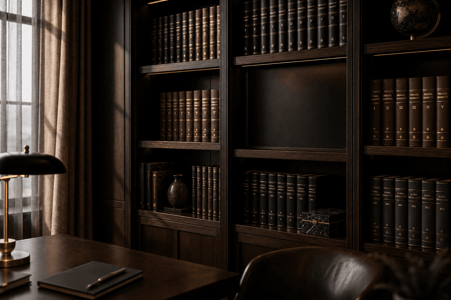 Premium research library shelves — investment intelligence