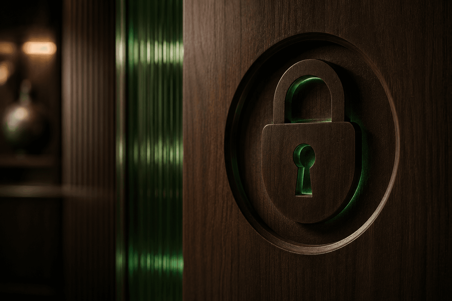 Carved wood lock motif with green glass light — secure client portal