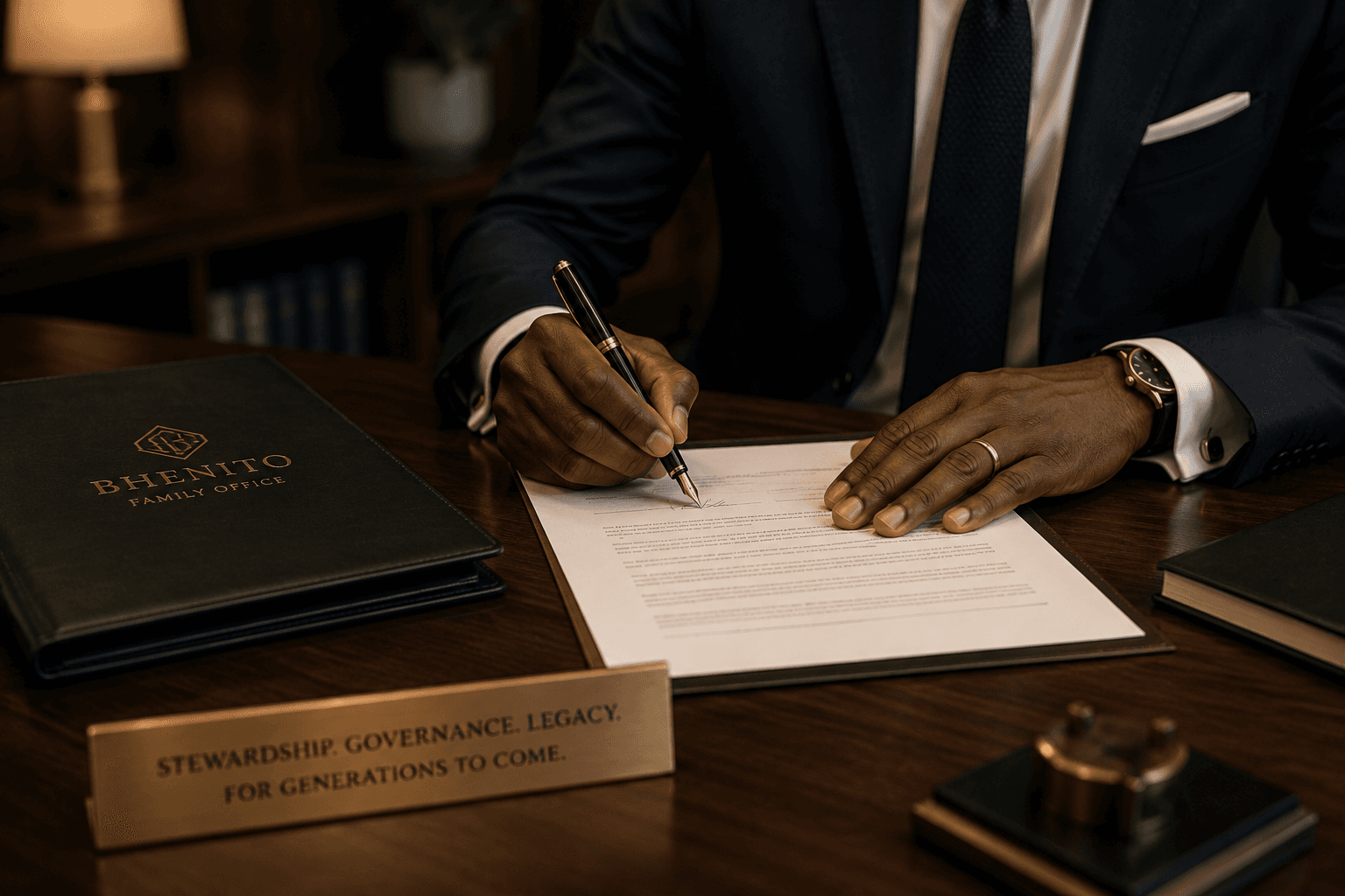 Signing documents at a walnut desk — governance and stewardship