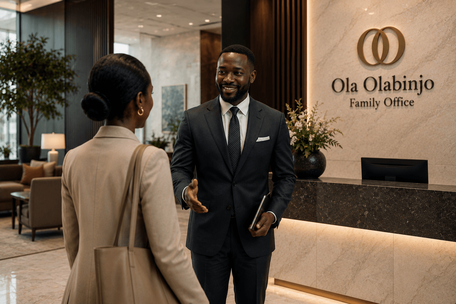 Welcome in a calm lobby — client services hospitality
