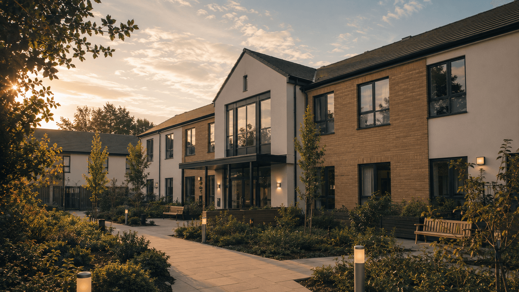 Modern UK supported living residence at late afternoon