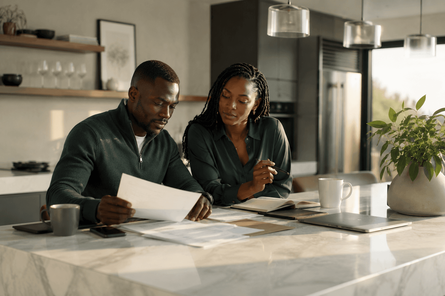 Professionals reviewing papers at a kitchen island — wealth planning