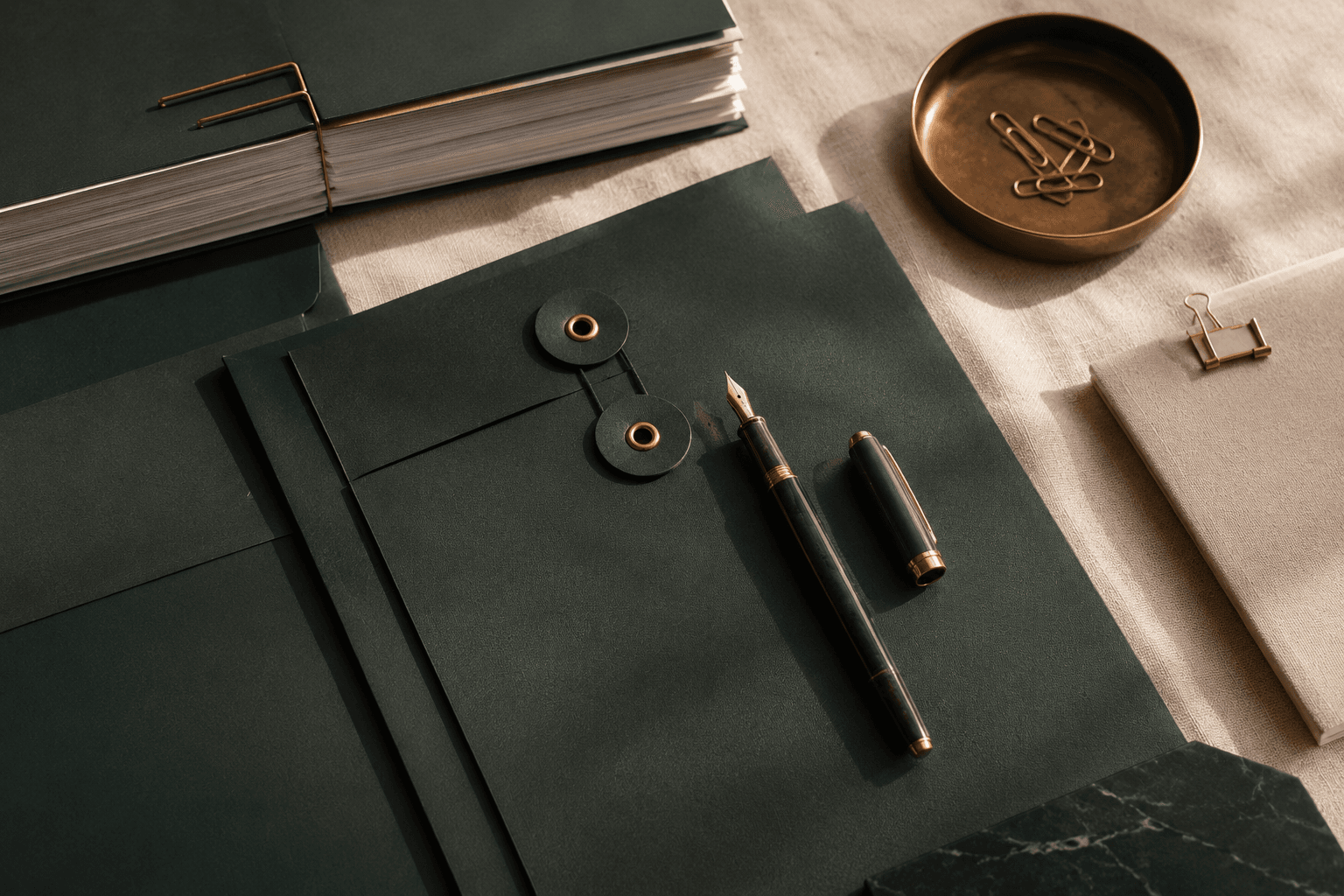 Structured documents and pen on linen — protecting wealth through governance